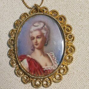 Vintage Karu Gold Tone Pendant Necklace Hand Painted Portrait Print Oval Frame